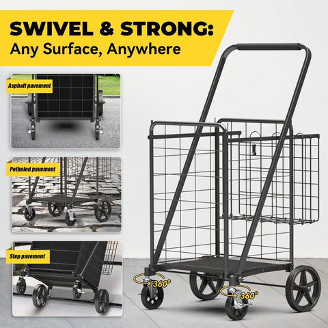 Beast Mode Folding Shopping Cart With Four And A Half Cu Ft Capacity 420 Lb Hauling Power 360 Degree Braked Swivel Wheels on pavement