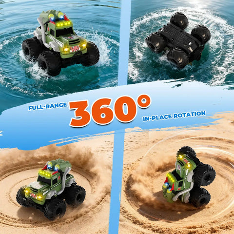 Waterproof Remote Control Car With Water Gun 1:18 Amphibious 4WD Monster Truck Off Road RC Toy showing 360-degree rotation on water and sand.