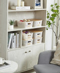 Small Plastic Storage Bins With Bamboo Lids, Stackable Pantry Boxes, 6 Pack, Cream White on shelf in living room
