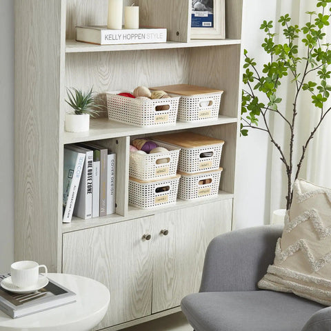 Small Plastic Storage Bins With Bamboo Lids, Stackable Pantry Boxes, 6 Pack, Cream White on shelf in living room