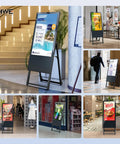 Collage of 32 Inch Digital Signage Display Portable LCD Kiosk for Advertising Posters showcasing various ads in retail environments.