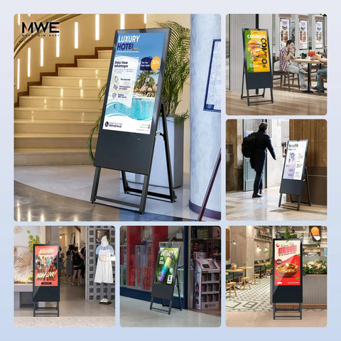 Collage of 32 Inch Digital Signage Display Portable LCD Kiosk for Advertising Posters showcasing various ads in retail environments.