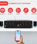 Bluetooth Wireless Home Amplifier System With 6 Channel Power 750 Watts For Karaoke Home Theater on shelf with connectivity options.