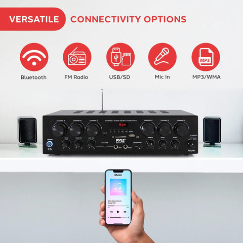 Bluetooth Wireless Home Amplifier System With 6 Channel Power 750 Watts For Karaoke Home Theater on shelf with connectivity options.