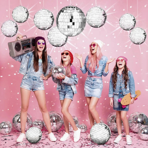 Must Have 50 Piece Silver Mirror Disco Ball Decor Set With Hanging Rings In Mixed Sizes for parties and events in a fun scene.