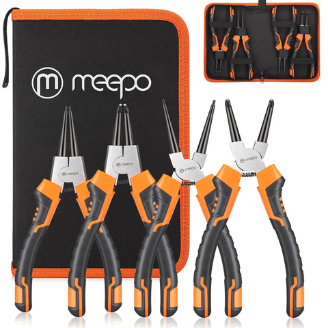 Heavy Duty Snap Ring Pliers Set 7 Inch 4 Piece Internal External Circlip Tools With Straight And 90 Degree Bent Jaws Pro Grade Build And 5/64 Inch Tip Ring Remover And Retaining Pliers In Portable Pouch