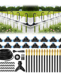100 Ft One Quarter Inch Drip Irrigation System Kit with 16 Adjustable Copper Nozzles, components displayed on white background