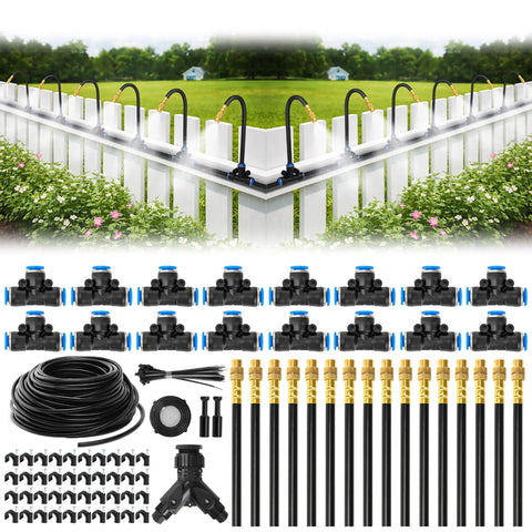 100 Ft One Quarter Inch Drip Irrigation System Kit with 16 Adjustable Copper Nozzles, components displayed on white background
