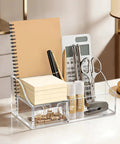 Acrylic Desk Organizer With Six Compartments, Pen And Pencil Holder, clear desktop caddy filled with office supplies.