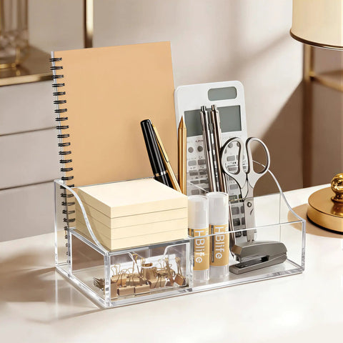 Acrylic Desk Organizer With Six Compartments, Pen And Pencil Holder, clear desktop caddy filled with office supplies.