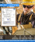 Legit Heavy Duty Smoke Tinted Safety Glasses 12 Pack With 12 Noise Blocking Silicone Ear Plugs NRR 25dB ANSI Z87 Rated For Shooters And Tradesmen Built Like A Tank For The Daily Grind No BS worn by a worker with a safety helmet.