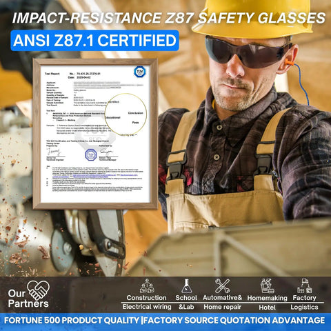 Legit Heavy Duty Smoke Tinted Safety Glasses 12 Pack With 12 Noise Blocking Silicone Ear Plugs NRR 25dB ANSI Z87 Rated For Shooters And Tradesmen Built Like A Tank For The Daily Grind No BS worn by a worker with a safety helmet.