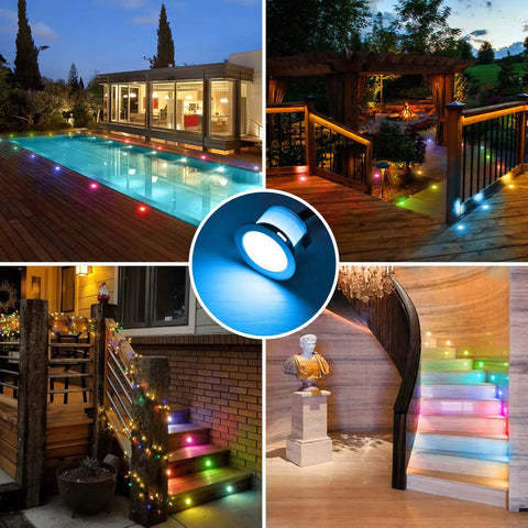 Lit Multicolor RGBIC Deck Lights With WiFi Control And Music Sync, Waterproof IP67 Recessed 45mm Fixtures, 12V on steps and poolside