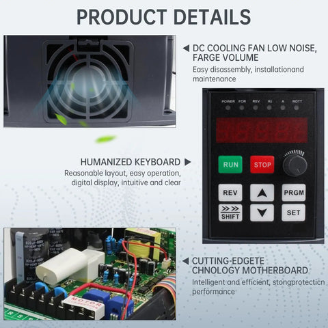 Workhorse 2.2KW 220V Variable Frequency Drive VFD Inverter components, including fan, keyboard interface, and motherboard details.