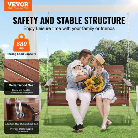 Wood Porch Swing 5.5Ft With Heavy Duty 880 Lb Capacity For Outdoor Patio Garden Hangout Built To Last Durable Fir Wood With Galvanized Chains Weatherproof Brown as seen with a couple sitting on it.