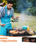 Man grilling with Stainless Steel 19 Piece BBQ Tools Set including tongs and spatula, outdoor barbecue scene.