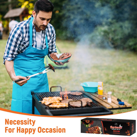 Man grilling with Stainless Steel 19 Piece BBQ Tools Set including tongs and spatula, outdoor barbecue scene.