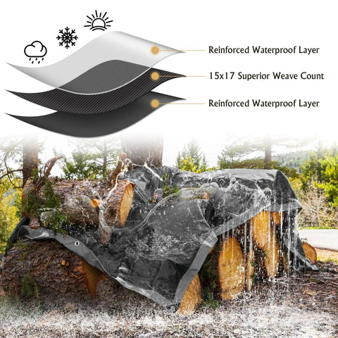 Heavy Duty Waterproof Camping Tarp 10x20 Ft Thick 16 Mil With 15x17 Weave Large Tear Resistant UV Protected covering logs