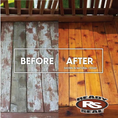 Before and after application of Exterior Wood Stain And Sealer In One For Decks Fences Pergolas And Siding Semi Transparent Oil Based Finish No Fuss Goof Proof Application 5 Gallon Natural Cedar showing restored deck.