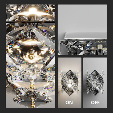 Modern Crystal Wall Sconces With Chrome Finish, luxury indoor wall lamps showing K9 crystal detail and lighting on/off