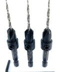 Pro Grade Carbon Steel Countersink Drill Bit Set For Precision Woodworking includes three 45 degree tapered 7/64 inch bits and one Allen key.