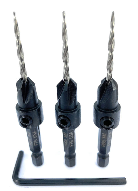 Pro Grade Carbon Steel Countersink Drill Bit Set For Precision Woodworking includes three 45 degree tapered 7/64 inch bits and one Allen key.