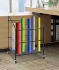 Heavy Duty Three Tier Mobile Paper Rolls Organizer With Slick Metal Frame And Twenty Roomy Slots holding colorful tubes in an office.