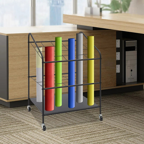 Heavy Duty Three Tier Mobile Paper Rolls Organizer With Slick Metal Frame And Twenty Roomy Slots holding colorful tubes in an office.