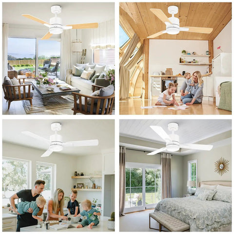 42 Inch Ceiling Fan With Light And Remote Control in various indoor settings, low profile white design for indoor outdoor use