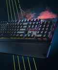 Clean Build Mechanical RGB Gaming Keyboard With Smooth Linear Red Switches And Fully Lit Backlight Brushed Aluminum Plate Removable Palm Rest Anti Ghosting Tech For Top Shelf Setup On Any Gamer Rig close-up view with RGB lighting and detachable palm rest.