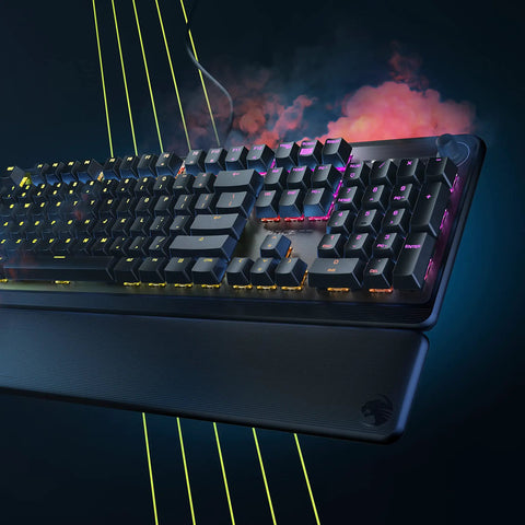 Clean Build Mechanical RGB Gaming Keyboard With Smooth Linear Red Switches And Fully Lit Backlight Brushed Aluminum Plate Removable Palm Rest Anti Ghosting Tech For Top Shelf Setup On Any Gamer Rig close-up view with RGB lighting and detachable palm rest.