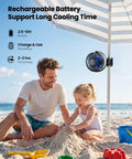 Clip On Battery Operated Fan USB Rechargeable Mini Personal Cooler attached to beach umbrella