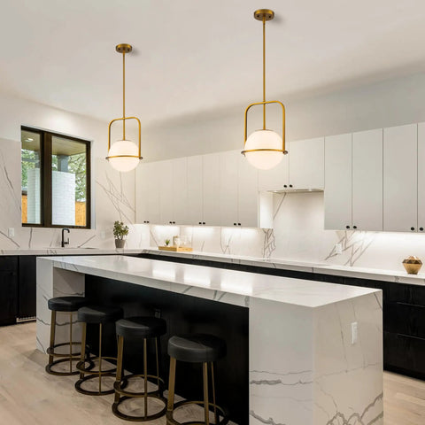 Slick Brass Pendant Light For Kitchen Island With Adjustable Height And Soft Frosted Glass Globe Ceiling Lamp For Dining Room Entryway Bedroom Modern Hanging Fixture Top Shelf Home Decor, above kitchen island.
