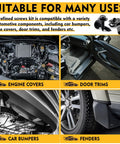 Knockout Quality 60 Piece 1/4 Inch U Nut Clips And Hex Head Auto Body Bolt Kit installed on engine covers, door trims, car bumpers, and fenders.