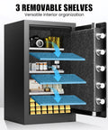 Open 7.5 Cubic Feet Fireproof Safe With Digital Keypad, 3 removable shelves, displaying stored items, for home and office use.