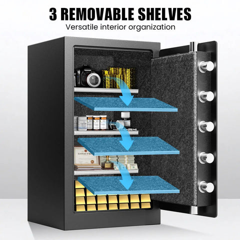 Open 7.5 Cubic Feet Fireproof Safe With Digital Keypad, 3 removable shelves, displaying stored items, for home and office use.