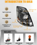 Volvo VNL Headlight Pair Set Black Housing Halogen Lamps for VN Series Trucks 2004 to 2018 Built to Last Rugged Front Lights with bulb details