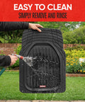 Premium Quality Heavy Duty Hella Durable All Weather Floor Mats Deep Dish Waterproof Trim To Fit Black Rubber Guard Set being rinsed.