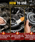 How to use Heavy Duty Lithium Grease With Built In Brush For Hinges Bearings Gears And Track Rails Keeps Parts Quiet Reduces Wear And Friction Ideal For Home Garage Marine Automotive Bike And Industrial Use, steps shown for cleaning, applying, and coating metal gears.