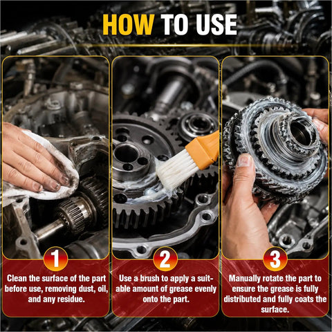 How to use Heavy Duty Lithium Grease With Built In Brush For Hinges Bearings Gears And Track Rails Keeps Parts Quiet Reduces Wear And Friction Ideal For Home Garage Marine Automotive Bike And Industrial Use, steps shown for cleaning, applying, and coating metal gears.
