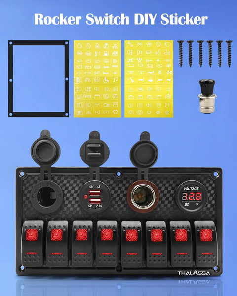 Red 8 Gang Rocker Switch Panel With LED Illumination Waterproof Digital Voltage Display Dual USB Ports 12V DC Power Socket