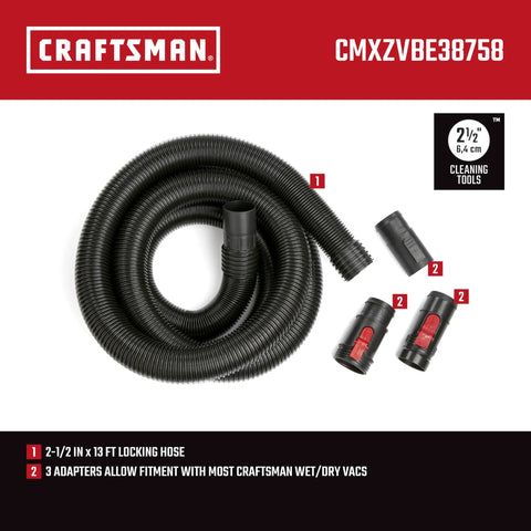 Two And A Half Inch Wet Dry Vac Hose Attachment Kit With POS-I-LOCK, 13 ft hose and adapters, industrial-grade replacement