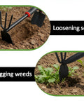 2-In-1 Garden Hoe And Cultivator Rake With 3-Claw Tiller Ergonomic Weeder And Weed Puller in use for loosening soil and digging weeds
