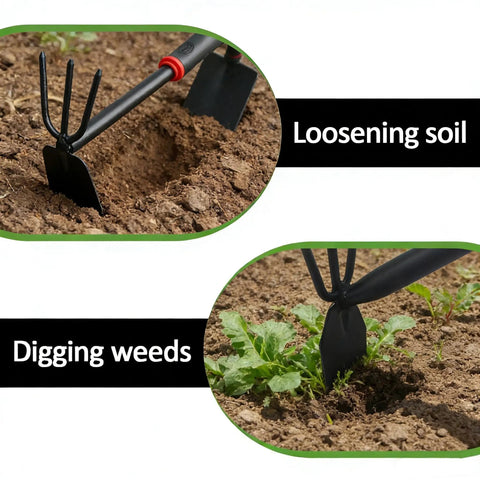 2-In-1 Garden Hoe And Cultivator Rake With 3-Claw Tiller Ergonomic Weeder And Weed Puller in use for loosening soil and digging weeds