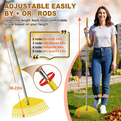 Heavy Duty Leaf Rake With 16.5 Inch Nylon Head And 51 Inch Adjustable Stainless Steel Handle For Yard Cleanup in use by a person