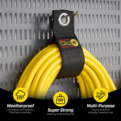 Heavy-Duty Cord Wrap Straps 13 Inch Six Pack Hook And Loop Cable Organizer holding yellow extension cord in garage