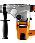 Tough As Nails Cordless Hammer Drill And Masonry Chisel Kit With No Fuss Quick Change SDS Plus Chuck, 1250 watt motor, gray and orange design.