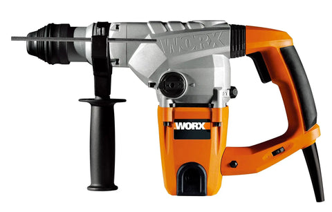 Tough As Nails Cordless Hammer Drill And Masonry Chisel Kit With No Fuss Quick Change SDS Plus Chuck, 1250 watt motor, gray and orange design.