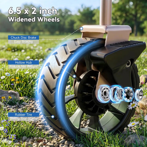 6.5 inch wheels of Folding Collapsible Utility Wagon For Outdoor Hauling With Table Top And Side Pocket 400Lbs Heavy Duty Cart