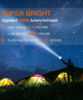 Person using Rechargeable Spotlight Beast With 2,000,000 Lumens Handheld Large Flashlight to light up tents at night, starry sky.